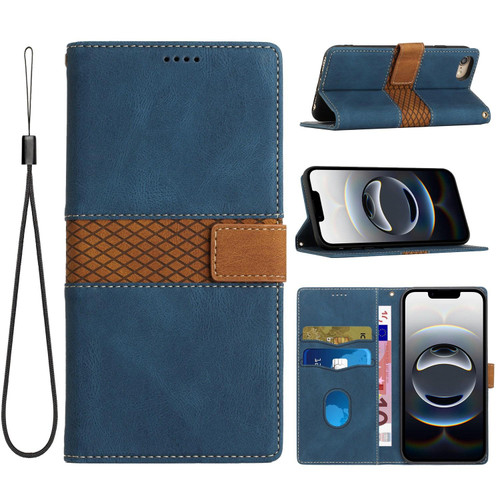 iPhone 16e / 17e Grid Stitching Leather Phone Case with Lanyard - Blue