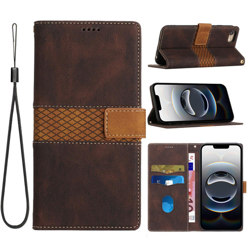 iPhone 16e / 17e Grid Stitching Leather Phone Case with Lanyard - Brown