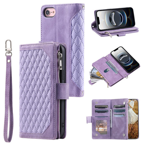 iPhone 16e / 17e Grid Texture Zipper Leather Phone Case with Lanyard - Purple