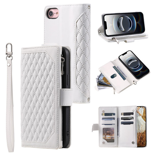 iPhone 16e / 17e Grid Texture Zipper Leather Phone Case with Lanyard - White