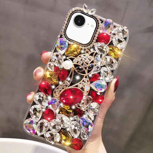 iPhone 16e / 17e Handmade Bling Rhinestone Gemstone Fox PC Phone Case - Red