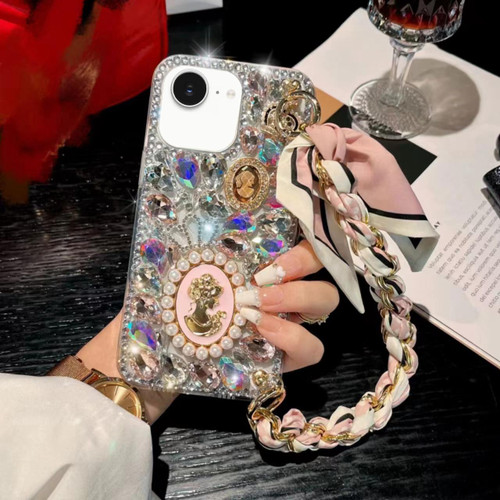 iPhone 16e / 17e Handmade Diamond Purple Gemstone Scarf Bracelet PC Phone Case - Pink