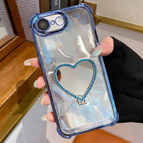 iPhone 16e / 17e Heart-shaped Mirror Electroplated TPU + Acrylic Phone Case with Holder - Blue