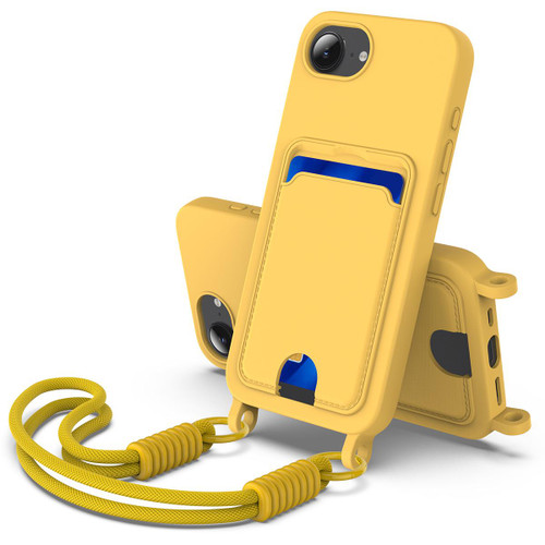 iPhone 16e / 17e Integrated Card Bag Solid Color Liquid Silicone Phone Case Gen2 with Short Lanyard - Yellow