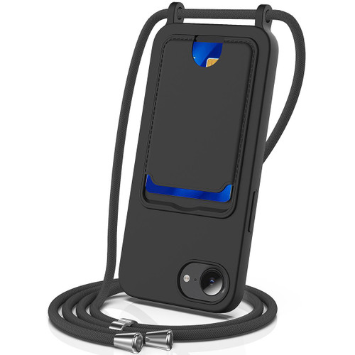 iPhone 16e / 17e Integrated Card Bag Solid Color Liquid Silicone Phone Case with Lanyard - Black