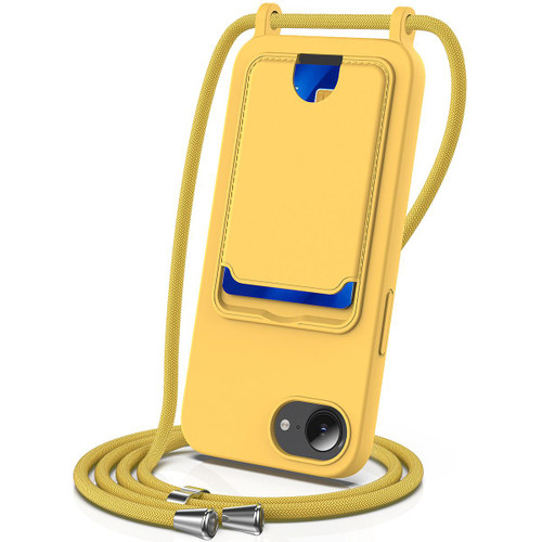 iPhone 16e / 17e Integrated Card Bag Solid Color Liquid Silicone Phone Case with Lanyard - Yellow