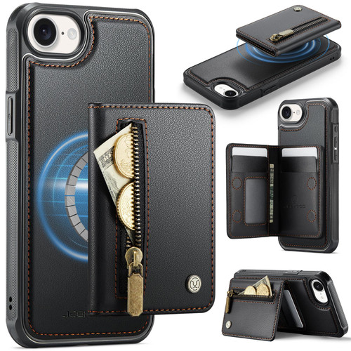 iPhone 16e / 17e JEEHOOD J12 Exquisite RFID MagSafe Zipper Card Bag Phone Case - Black
