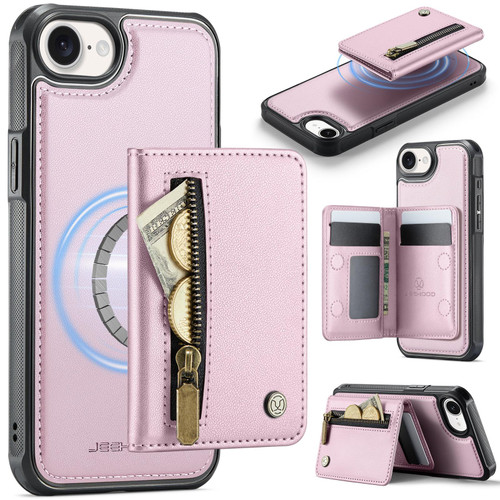 iPhone 16e / 17e JEEHOOD J12 Exquisite RFID MagSafe Zipper Card Bag Phone Case - Pink