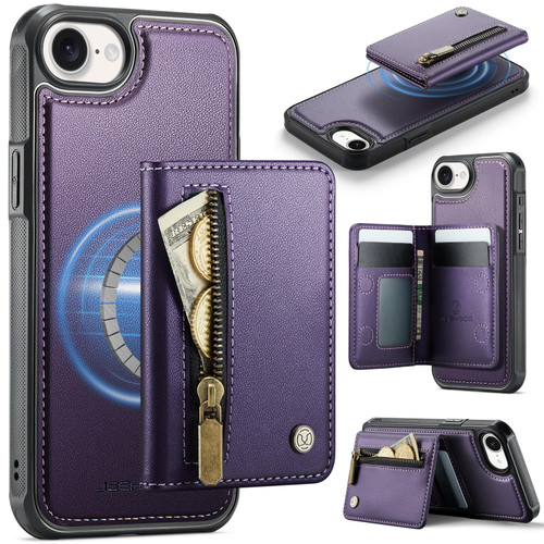 iPhone 16e / 17e JEEHOOD J12 Exquisite RFID MagSafe Zipper Card Bag Phone Case - Purple