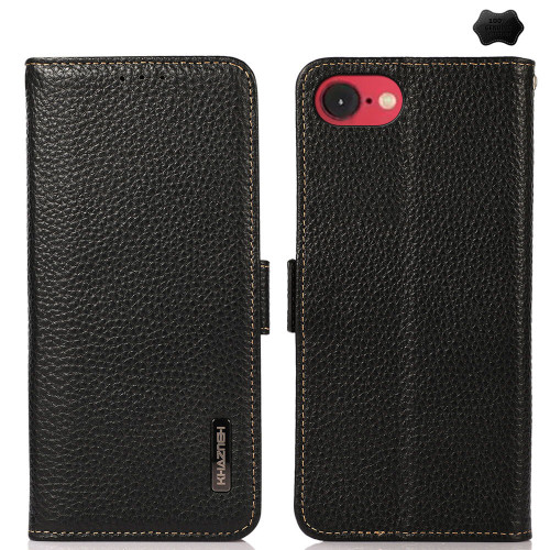 iPhone 16e / 17e KHAZNEH Side-Magnetic Litchi Genuine Leather RFID Case - Black
