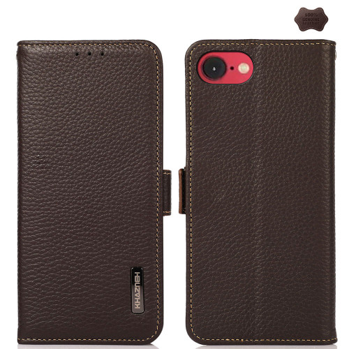 iPhone 16e / 17e KHAZNEH Side-Magnetic Litchi Genuine Leather RFID Case - Brown