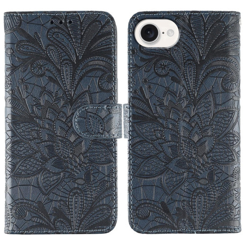 iPhone 16e / 17e Lace Flower Embossing Flip Leather Phone Case - Dark Blue