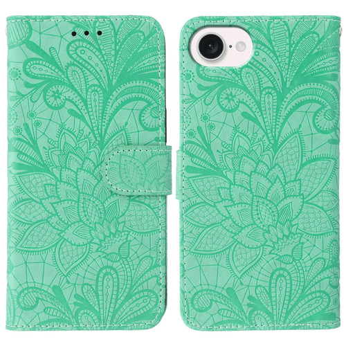 iPhone 16e / 17e Lace Flower Embossing Flip Leather Phone Case - Green