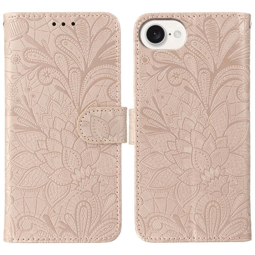 iPhone 16e / 17e Lace Flower Embossing Flip Leather Phone Case - Rose Gold