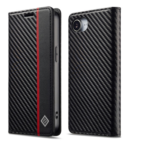 iPhone 16e / 17e LC.IMEEKE Carbon Fiber Leather Phone Case - Vertical Black