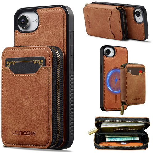 iPhone 16e / 17e LC.IMEEKE L6 Series Zipper Card Bag MagSafe Magnetic Phone Case - Brown