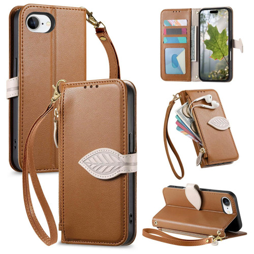 iPhone 16e / 17e Leaf Buckle Zipper Wallet Leather Phone Case with Strap - Brown