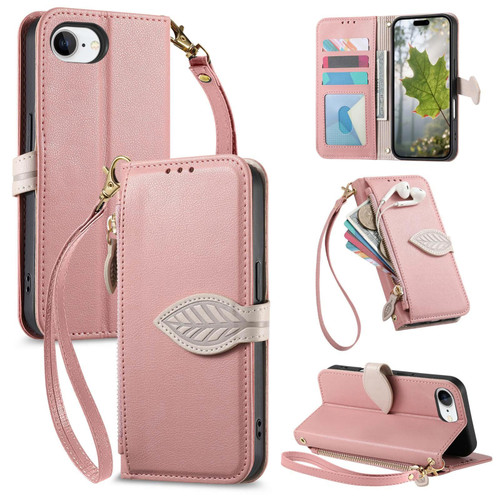 iPhone 16e / 17e Leaf Buckle Zipper Wallet Leather Phone Case with Strap - Pink