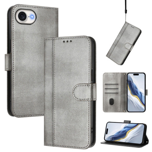 iPhone 16e / 17e Line Splicing Buckle Retro Leather Phone Case - Grey