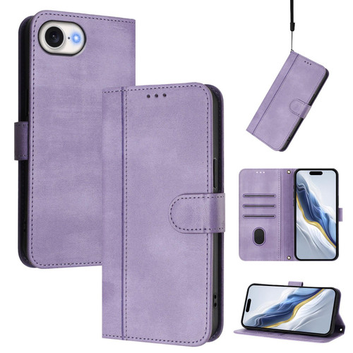 iPhone 16e / 17e Line Splicing Buckle Retro Leather Phone Case - Purple