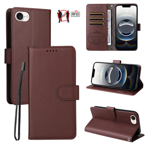 iPhone 16e / 17e Litchi Texture RFID Blocking 3-Card Wallet Leather Phone Case - Brown