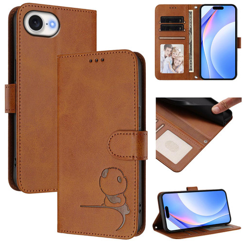 iPhone 16e / 17e Litter Panda Embossing RFID Leather Phone Case with Lanyard - Brown