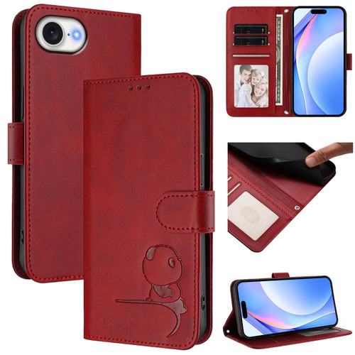 iPhone 16e / 17e Litter Panda Embossing RFID Leather Phone Case with Lanyard - Wine Red