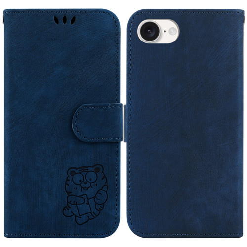 iPhone 16e / 17e Little Tiger Embossed Leather Phone Case - Dark Blue