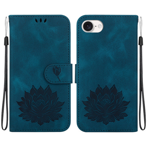 iPhone 16e / 17e Lotus Embossed Leather Phone Case - Dark Blue