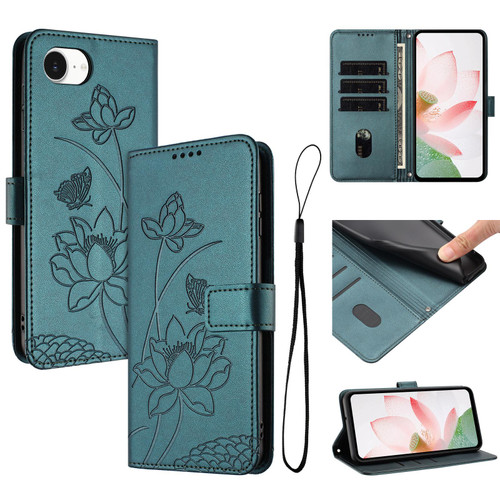 iPhone 16e / 17e Lotus Embossed Leather Phone Case with Lanyard - Dark Green