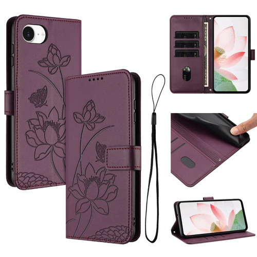 iPhone 16e / 17e Lotus Embossed Leather Phone Case with Lanyard - Wine Red
