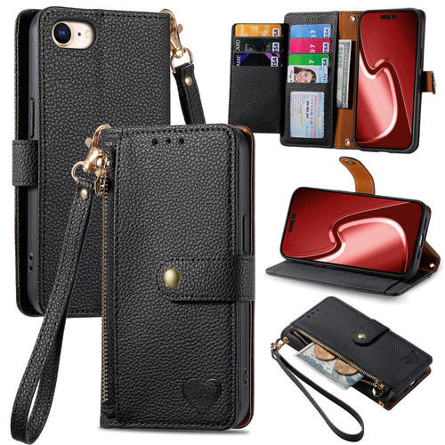 iPhone 16e / 17e Love Zipper Lanyard Leather Phone Case - Black