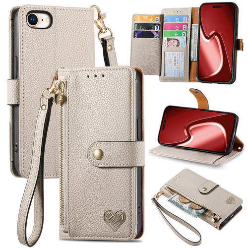 iPhone 16e / 17e Love Zipper Lanyard Leather Phone Case - Gray