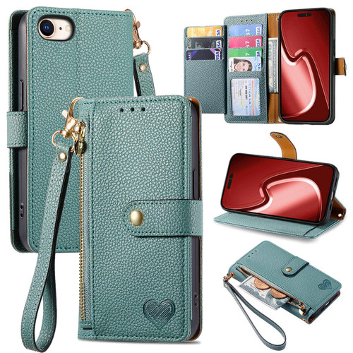 iPhone 16e / 17e Love Zipper Lanyard Leather Phone Case - Green
