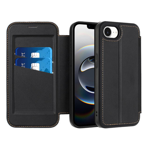 iPhone 16e / 17e Magnetic Armor Series RFID Card Slots Leather Phone Case - Black