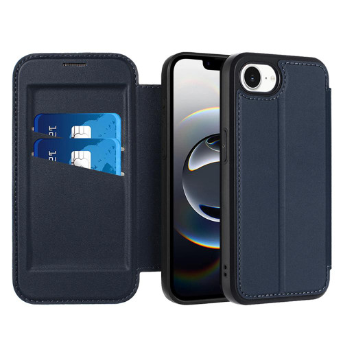 iPhone 16e / 17e Magnetic Armor Series RFID Card Slots Leather Phone Case - Blue