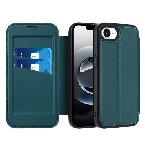 iPhone 16e / 17e Magnetic Armor Series RFID Card Slots Leather Phone Case - Green