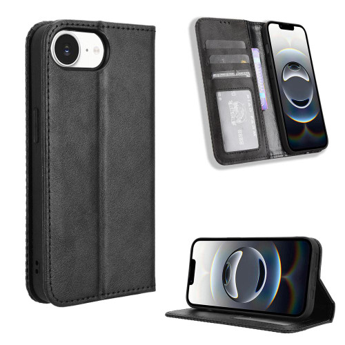 iPhone 16e / 17e Magnetic Buckle Retro Texture Leather Phone Case - Black
