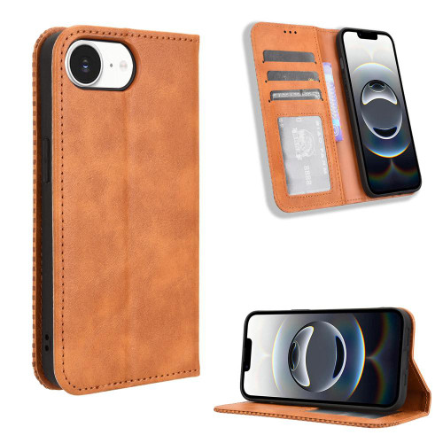 iPhone 16e / 17e Magnetic Buckle Retro Texture Leather Phone Case - Brown