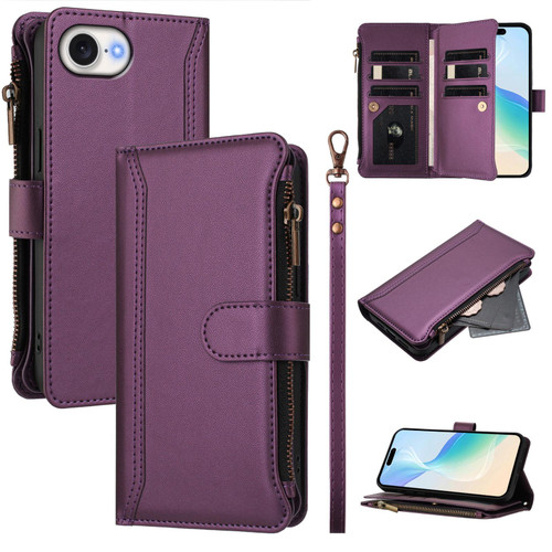 iPhone 16e / 17e Magnetic Closure 9 Card Slots Zipper Leather Case with Hand Strap - Purple
