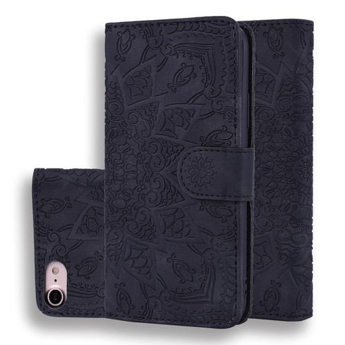iPhone 16e / 17e Mandala Embossed Dual-Fold Calf Leather Phone Case - Black