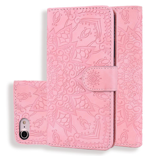 iPhone 16e / 17e Mandala Embossed Dual-Fold Calf Leather Phone Case - Pink