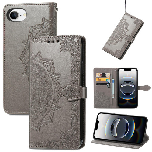 iPhone 16e / 17e Mandala Flower Embossed Leather Phone Case - Gray