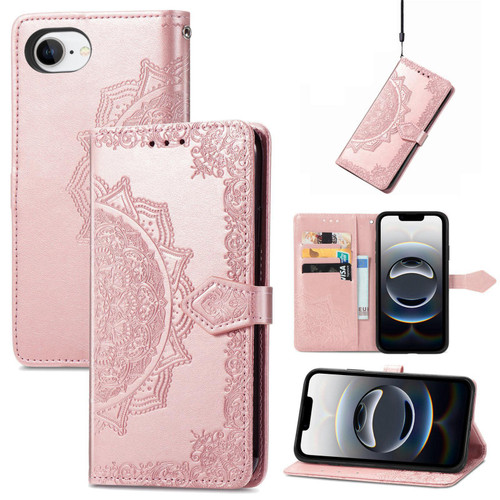 iPhone 16e / 17e Mandala Flower Embossed Leather Phone Case - Rose Gold