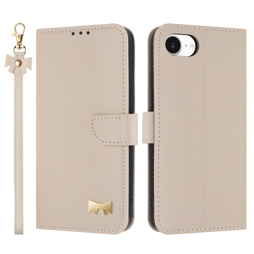 iPhone 16e / 17e Metal Bow Leather Phone Case with Hand Strap - Apricot