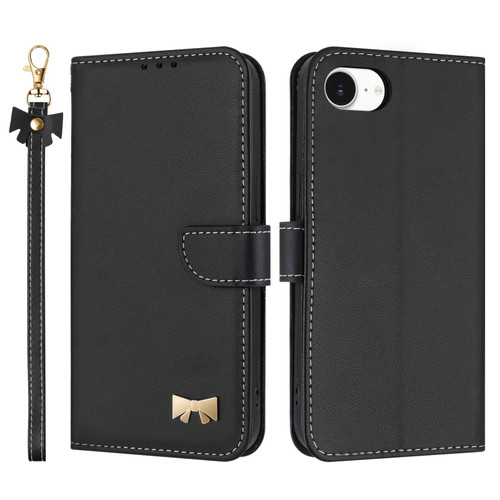iPhone 16e / 17e Metal Bow Leather Phone Case with Hand Strap - Black
