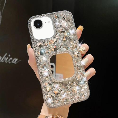 iPhone 16e / 17e Mirror Handmade Bling Rhinestone PC Phone Case - Silver Gray Square