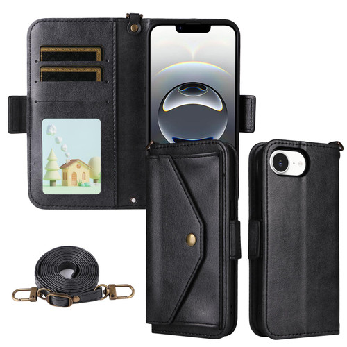 iPhone 16e / 17e Multi-card Slots Crossbody Cowhide Leather Phone Case - Black
