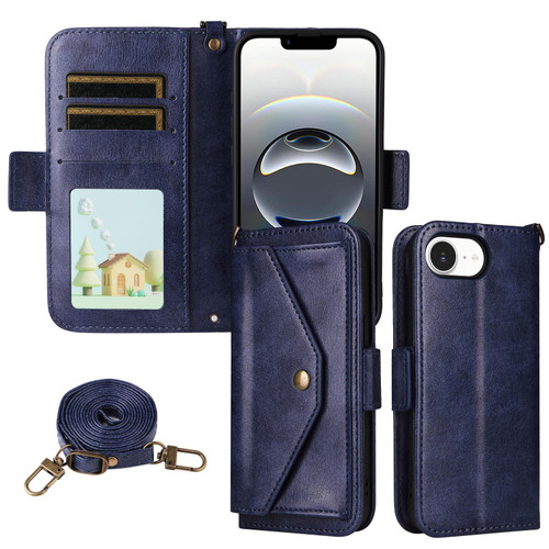 iPhone 16e / 17e Multi-card Slots Crossbody Cowhide Leather Phone Case - Blue