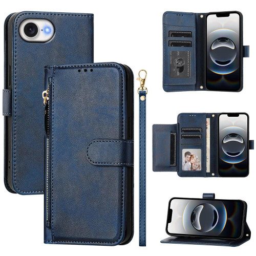 iPhone 16e / 17e Multi-Card Slots Zipper Wallet Leather Phone Case - Blue